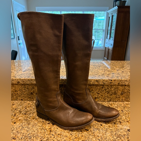 Frye Melissa Button Brown Tall Rear Zip Leather Riding Boots Size 7.5 Flat Sole - Picture 1 of 11